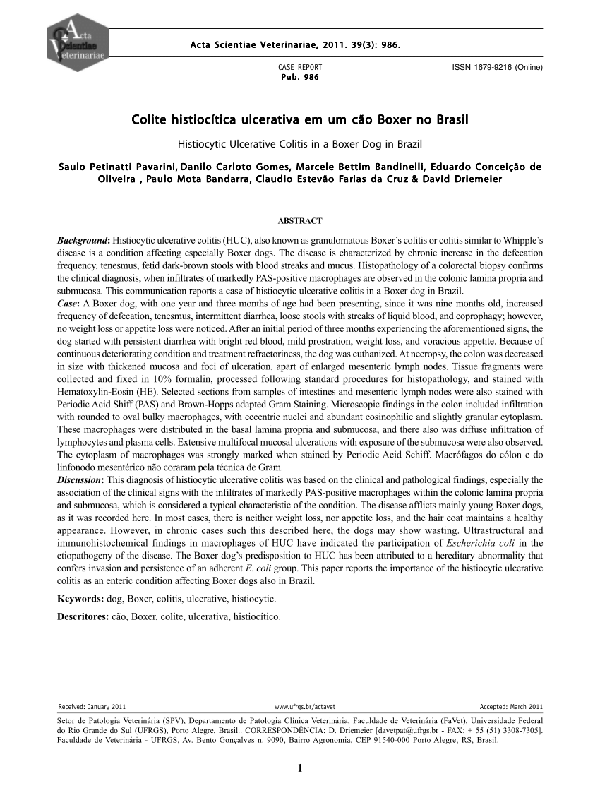 (PDF) Histiocytic Ulcerative Colitis in a Boxer Dog in Brazil